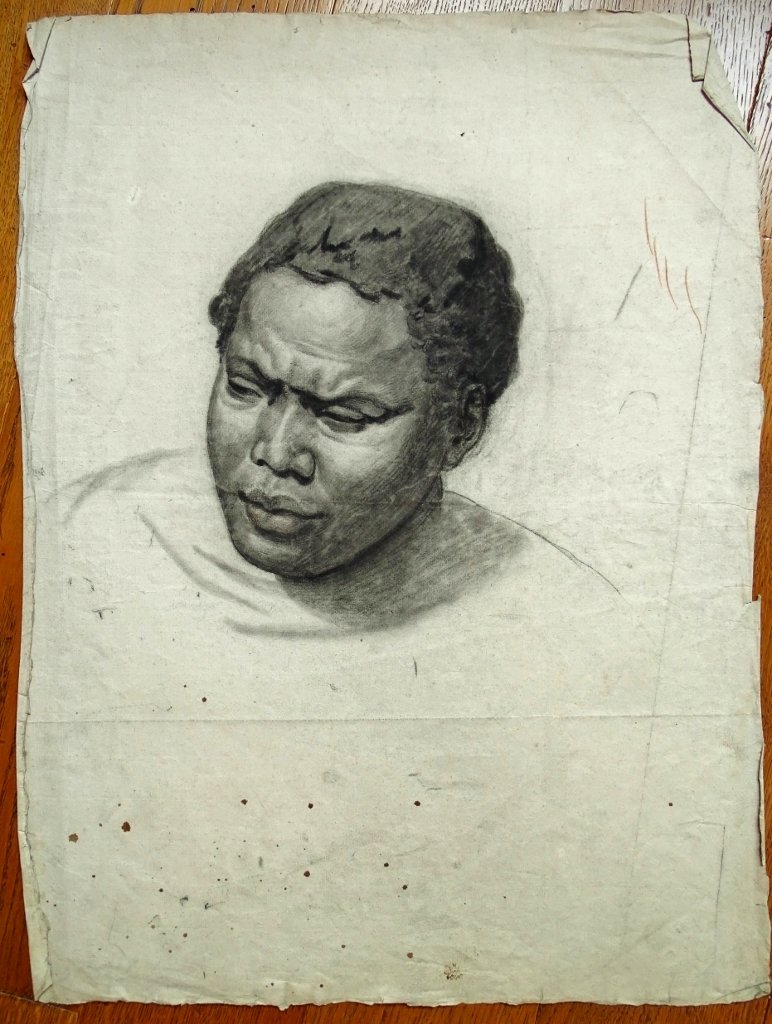 Large Portrait Of A Black Man - Antique Charcoal Drawing On Laid Paper-photo-2