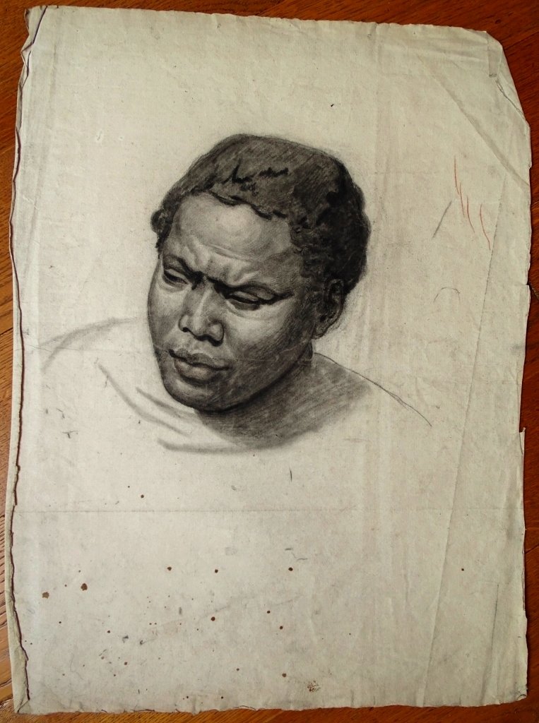 Large Portrait Of A Black Man - Antique Charcoal Drawing On Laid Paper-photo-3