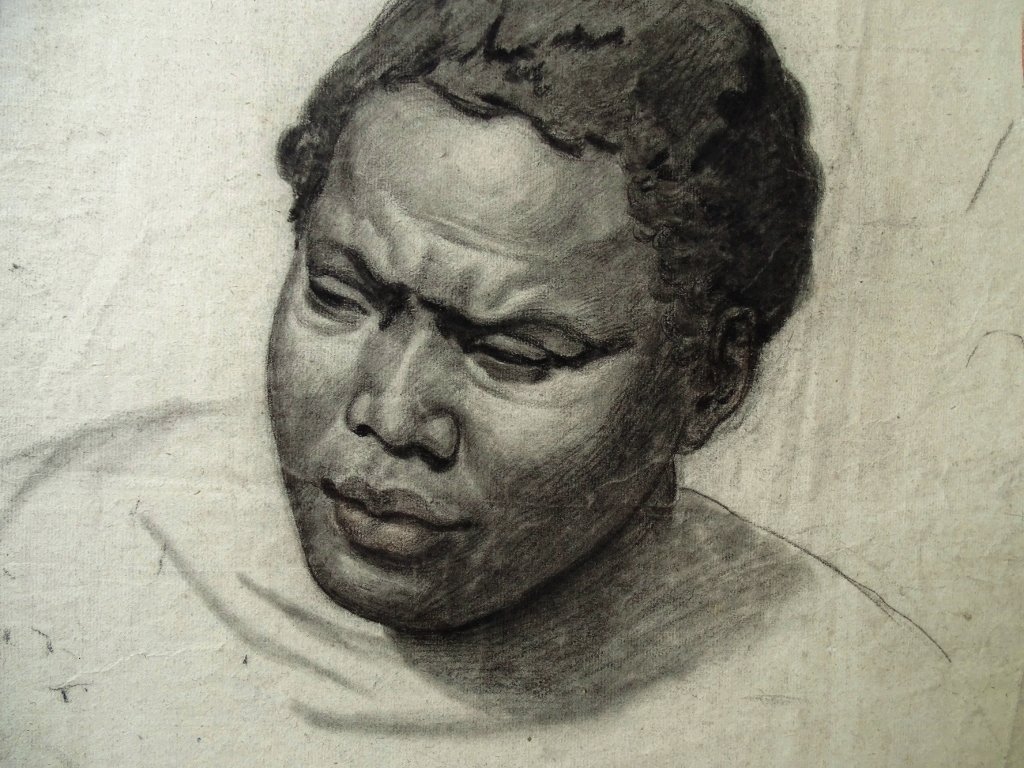 Large Portrait Of A Black Man - Antique Charcoal Drawing On Laid Paper-photo-4