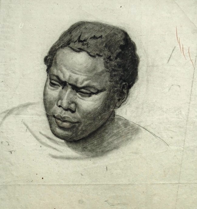 Large Portrait Of A Black Man - Antique Charcoal Drawing On Laid Paper