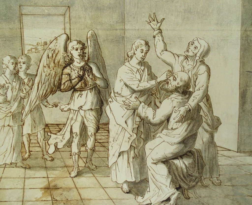 Italian School - Large Original Antique Drawing In Pen, Ink, And Wash-photo-3