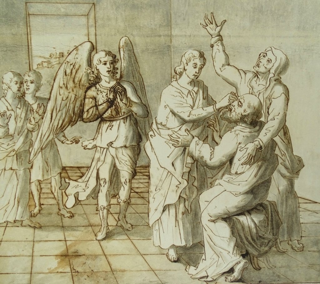 Italian School - Large Original Antique Drawing In Pen, Ink, And Wash-photo-1