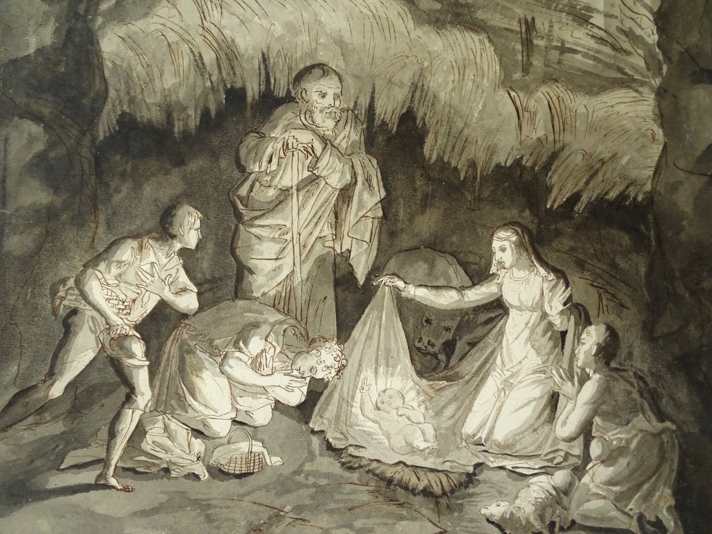 Italian School - Large Original Antique Drawing In Pen, Ink, And Wash - Nativity-photo-2