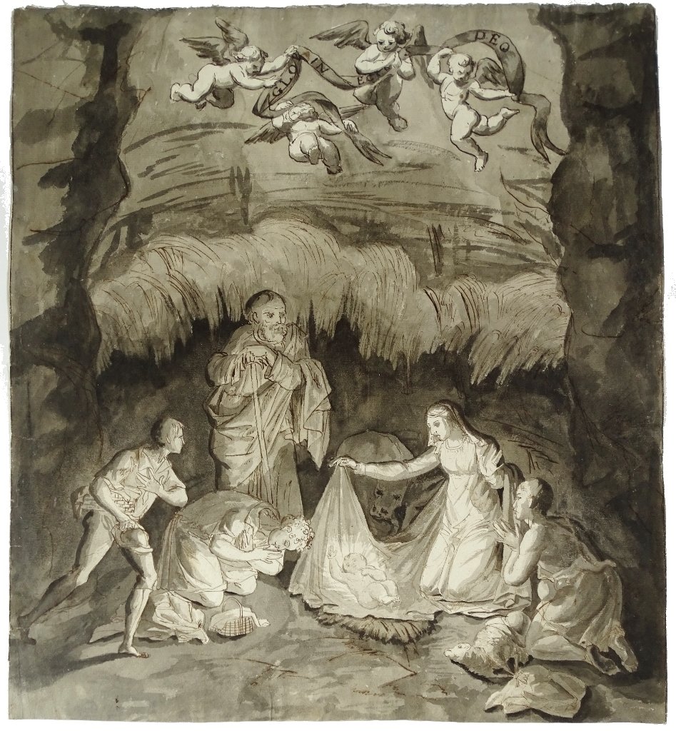 Italian School - Large Original Antique Drawing In Pen, Ink, And Wash - Nativity-photo-3