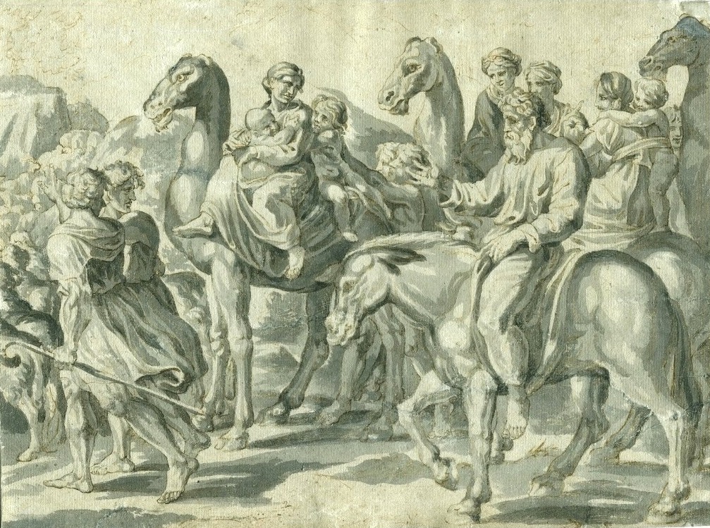 Dessin original ancien  d'après les Loges de Raphaël. Plume et lavis gris