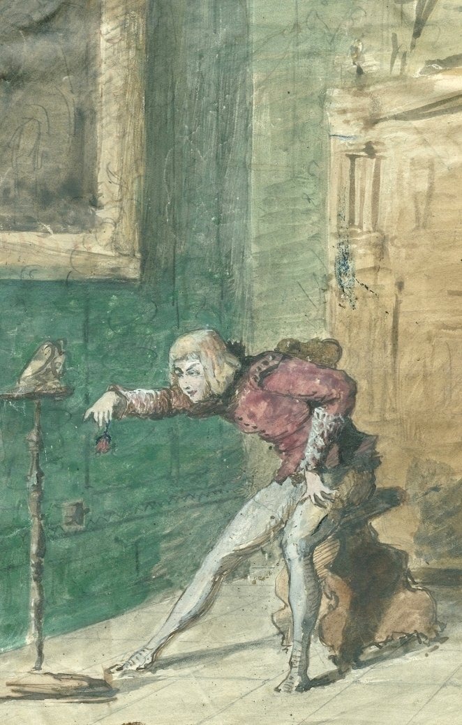 Le jeune homme et l'oiseau - Dessin original ancien à l'aquarelle - Style Troubadour, Romantism