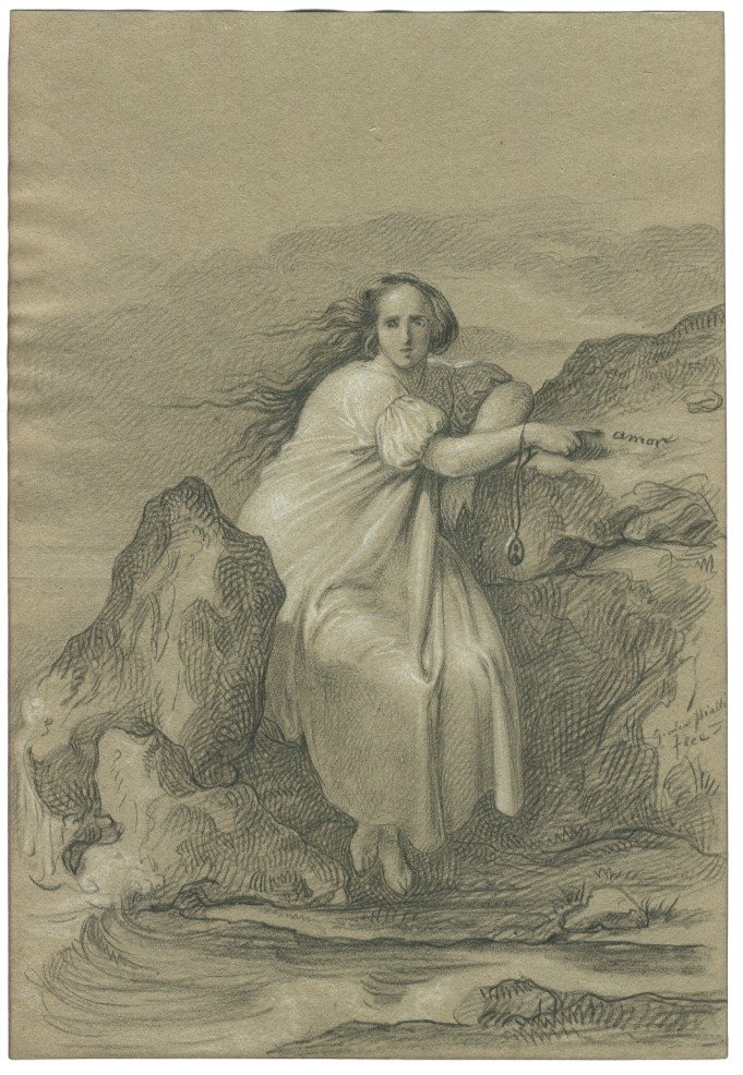 Giulio Piatti (1816-1872) - Italy - Woman On A Rock - Old Original Drawing