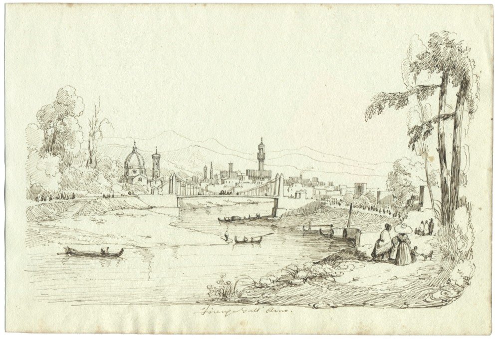 Original Drawing By Emilio Burci (1811-1877) Italy - Florence Seen From The Arno