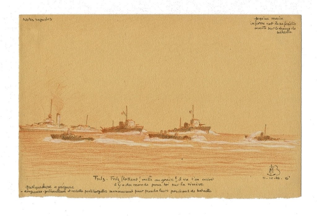 Dessin original de l'Amiral Maurice DE BROSSARD (1909-1996)   Bateaux de guerre