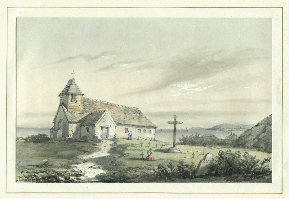 Dessin original de Gustave NOEL  (1823-1881) Eglise, Falaise  En Normandie