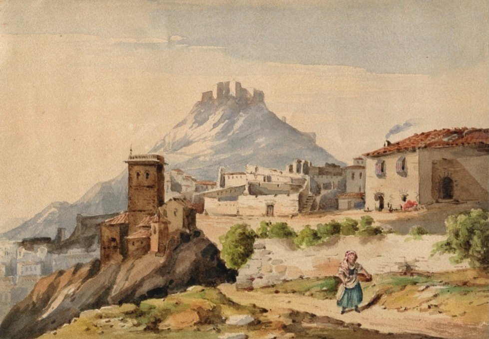 Paysage en Italie -  Victor FAVIER (1824-)   - Dessin  ancien à l'aquarelle