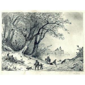 Adrien Lucy (1794-1875) Original Drawing - Study In Ink And Pencil