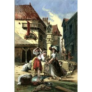 Scène De Village  - Gouache Originale Datée 1833 