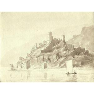 Italy, Rezzonico, Lake Como - Original Old Wash Drawing Dated 1882