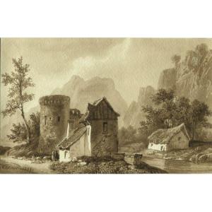 Jean-Pierre THÉNOT (1803-1857) Paysage - Dessin Original au lavis