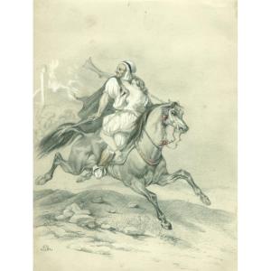 l'Enlèvement Du Harem, Cheval Pur Sang Arabe  Fantasia  - Dessin Original Ancien