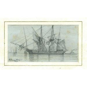 Jean-Baptiste Henri DURAND-BRAGER (1814-1879) Paysage marin bateau - Dessin original