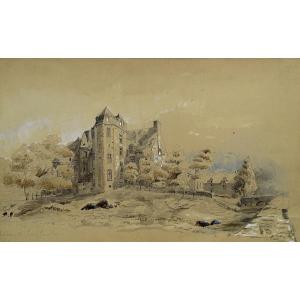 Tourlaville Castle - Manche, Normandy - Original Antique Drawing