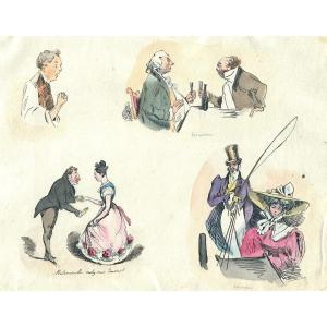 Henri MONNIER (1799-1877) Galerie de personnages - Dessin original ancien