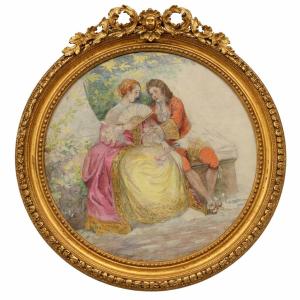 Aquarelle du 19ème dans le goût du 18ème siècle - Dessin original - Scène galante