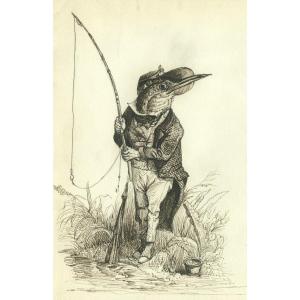 Dessin ancien zoomorphe à la plume et encre - Martin pêcheur, oiseau