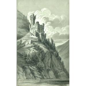 Dessin à la mine de plomb figurant un Château sur les bords du Rhin