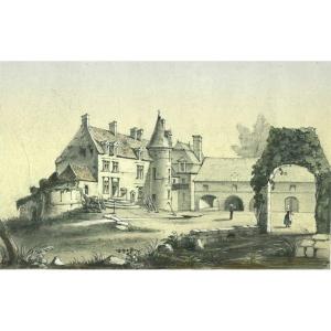 Le Château de Tourlaville - Normandie - Dessin original ancien à l'aquarelle et mine de plomb