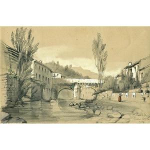 Bridge Over The Ouvèze At Privas - Original Old Drawing