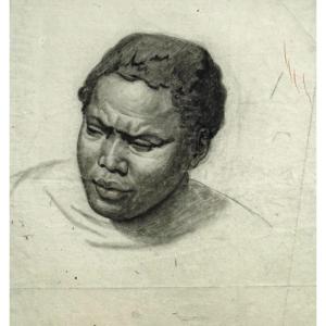 Large Portrait Of A Black Man - Antique Charcoal Drawing On Laid Paper