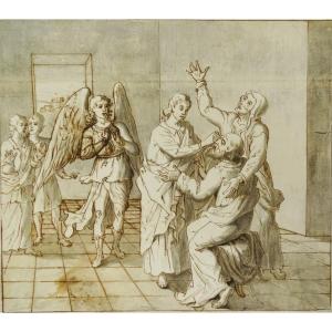 Ecole italienne - Grand Dessin original ancien à la plume, encre et lavis
