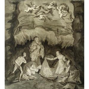 Italian School - Large Original Antique Drawing In Pen, Ink, And Wash - Nativity
