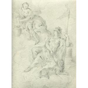 Nu féminin et lion -  Dessin original ancien au crayon - Mythologie