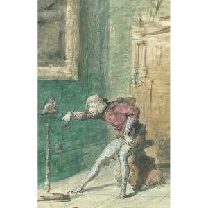 The Young Man And The Bird - Original Vintage Watercolor Drawing - Troubadour Style, Romanticism