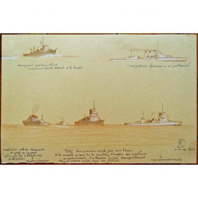 Dessin Original De l'Amiral Maurice De Brossard - Bateaux Bloquant Le Golfe De Ligurie