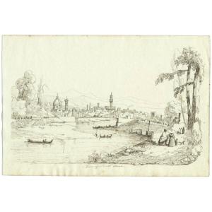 Original Drawing By Emilio Burci (1811-1877) Italy - Florence Seen From The Arno