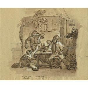 Rare dessin original de Charles-Porphyre-Alexandre DESAINS (1789-1862) Scène de taverne 