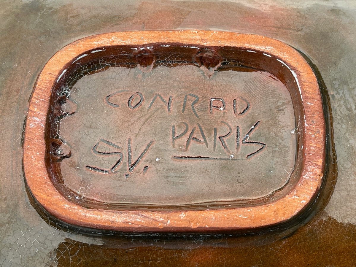 Rare Ceramic Tray Signed 1950s Africanist Decor Trompe l'Oeil-photo-2