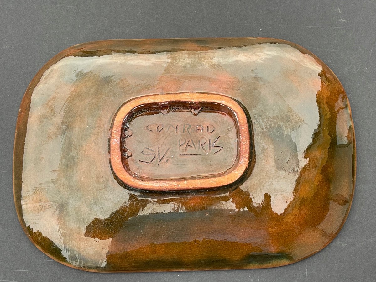 Rare Ceramic Tray Signed 1950s Africanist Decor Trompe l'Oeil-photo-3