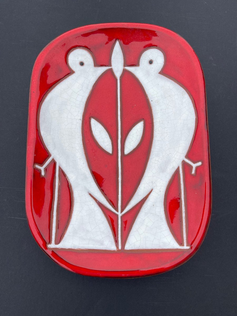 Rare Ceramic Tray Signed 1950s Africanist Decor Trompe l'Oeil