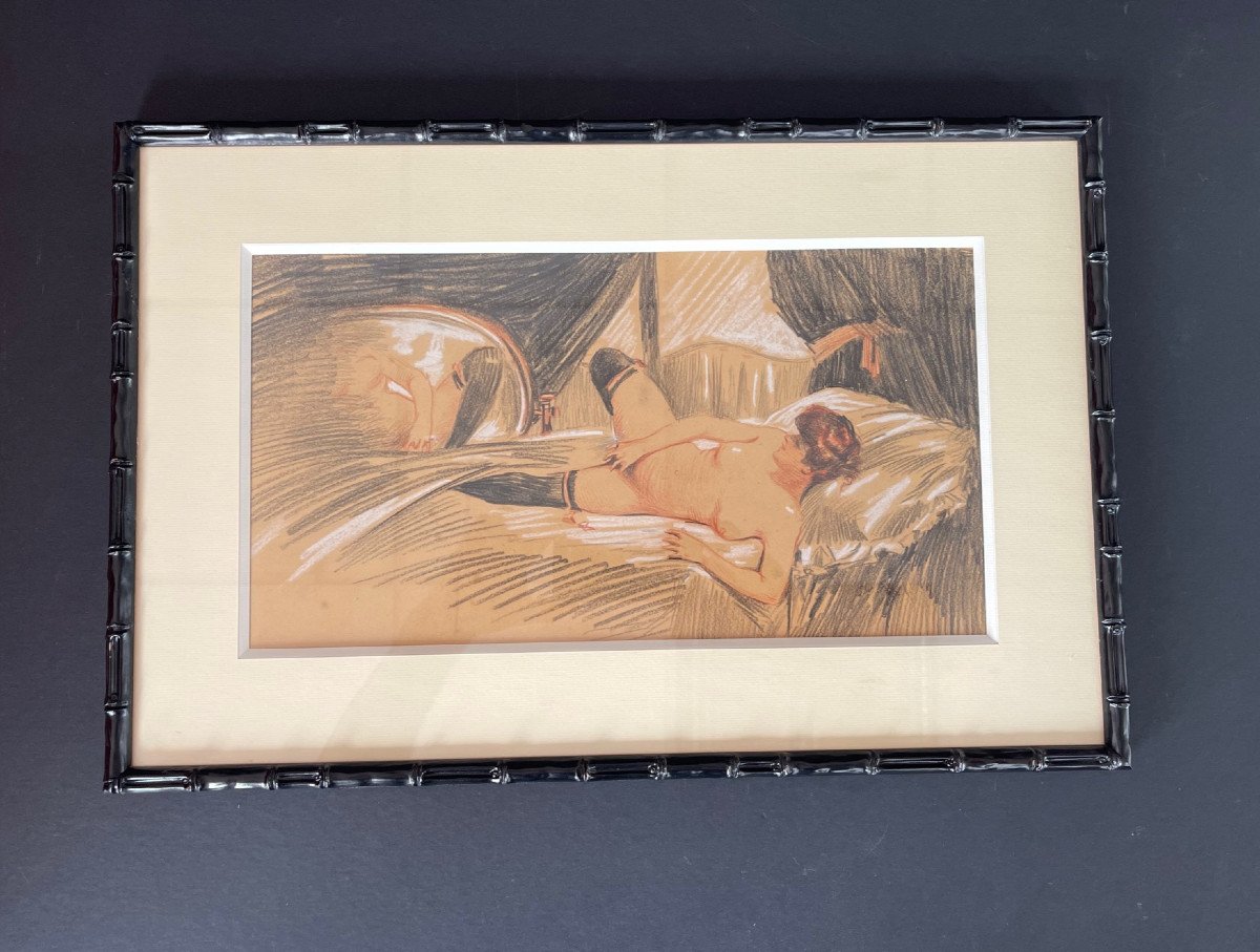 Exceptional Drawing Curiosa Young Woman Belle Epoque Eroticism Mirror-photo-4