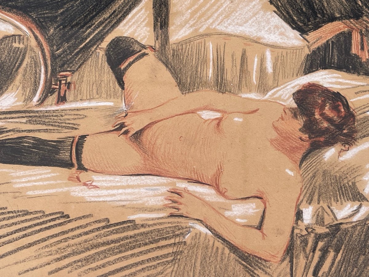 Exceptional Drawing Curiosa Young Woman Belle Epoque Eroticism Mirror-photo-1