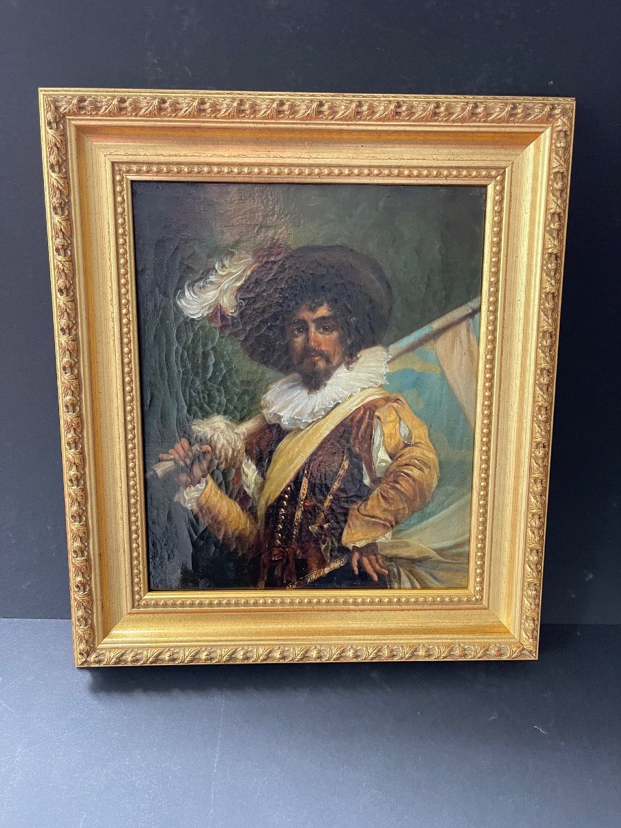 Painting Portrait Gentleman Musketeer Oil On Canvas 19th Century Painting Signed-photo-2