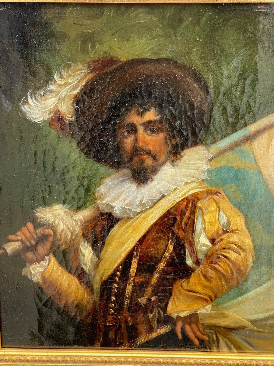 Painting Portrait Gentleman Musketeer Oil On Canvas 19th Century Painting Signed