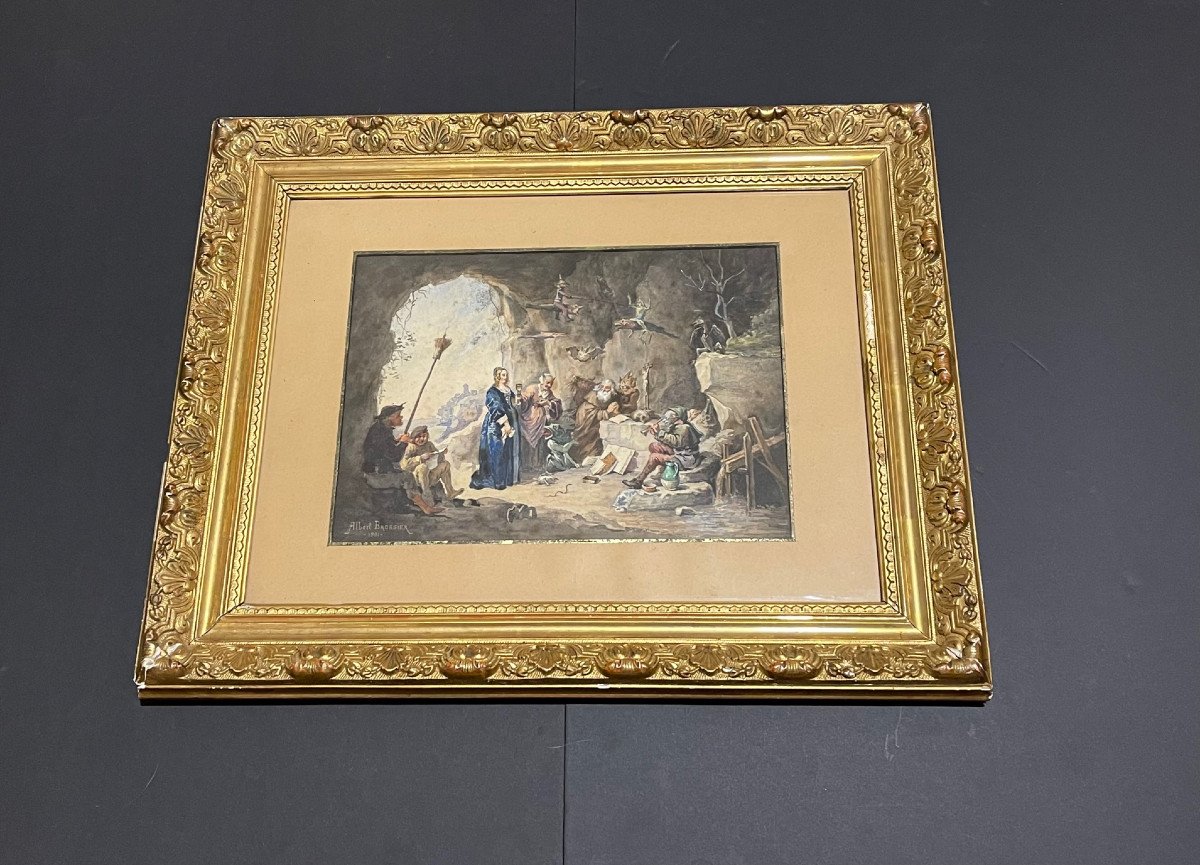 Tableau ésoterique messe noire cérémonie sorcellerie peinture 1901 signée-photo-3