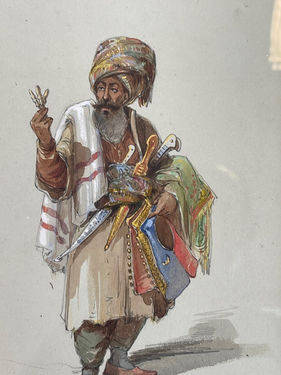  XIXème Siècle Tableau Orientaliste Empire Ottoman Marchand Ambulant-photo-3