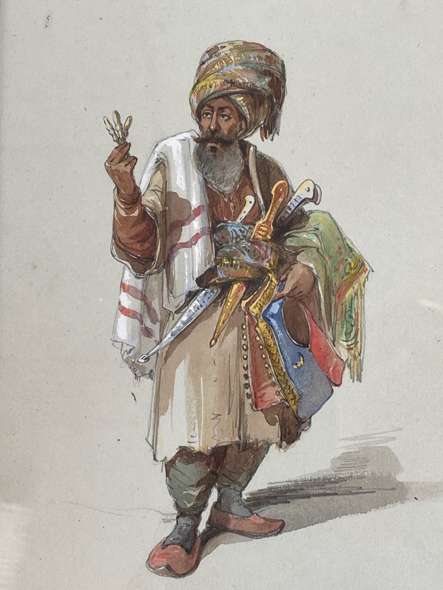  XIXème Siècle Tableau Orientaliste Empire Ottoman Marchand Ambulant-photo-2