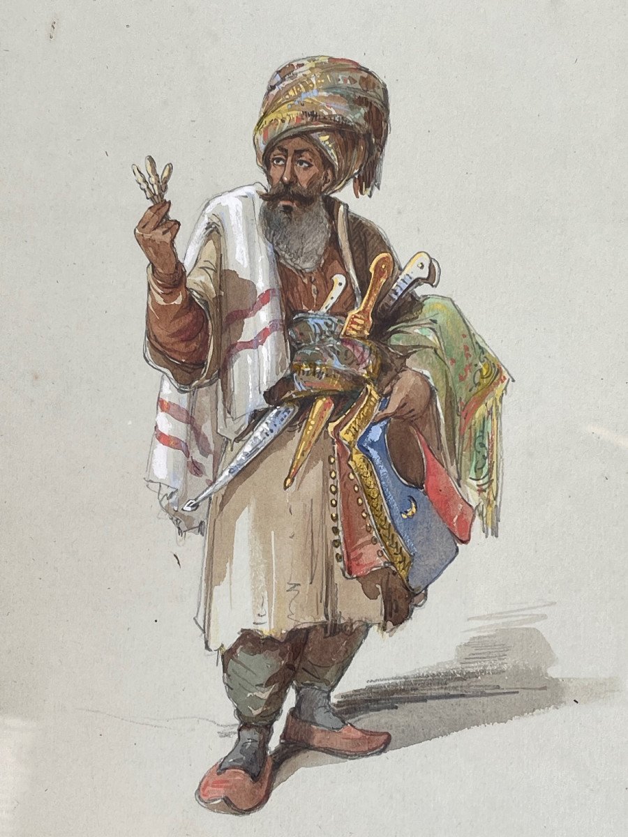  XIXème Siècle Tableau Orientaliste Empire Ottoman Marchand Ambulant-photo-3