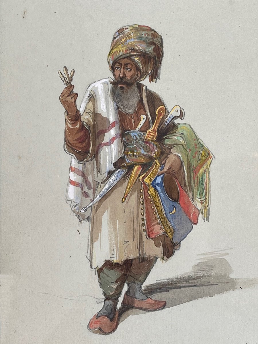  XIXème Siècle Tableau Orientaliste Empire Ottoman Marchand Ambulant-photo-6