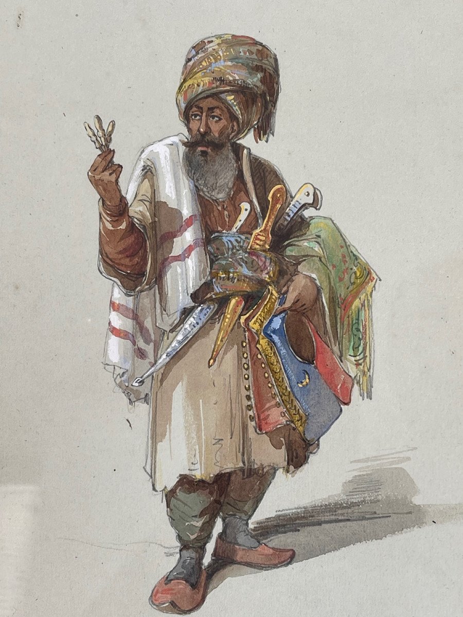  XIXème Siècle Tableau Orientaliste Empire Ottoman Marchand Ambulant-photo-8