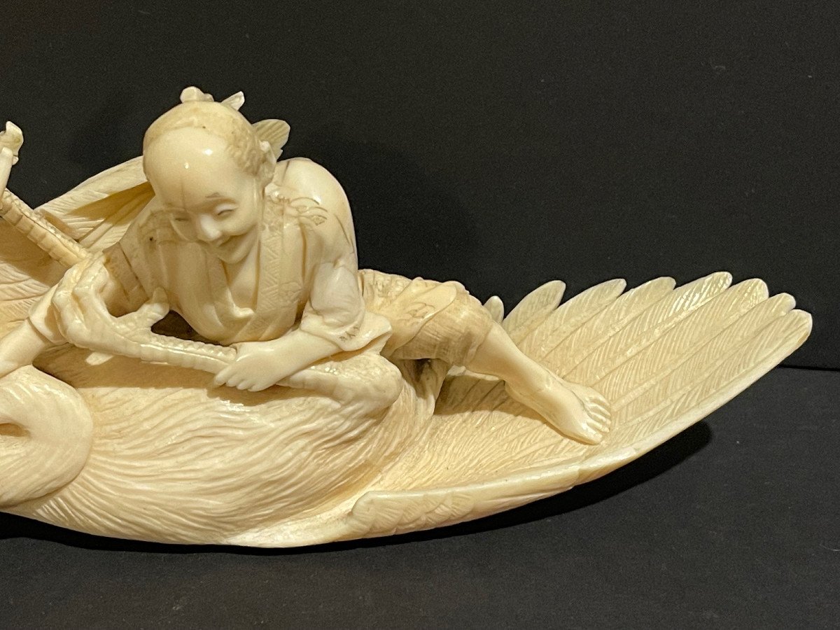 Large Okimono Signed Japan 19th Century Man & Heron -photo-3